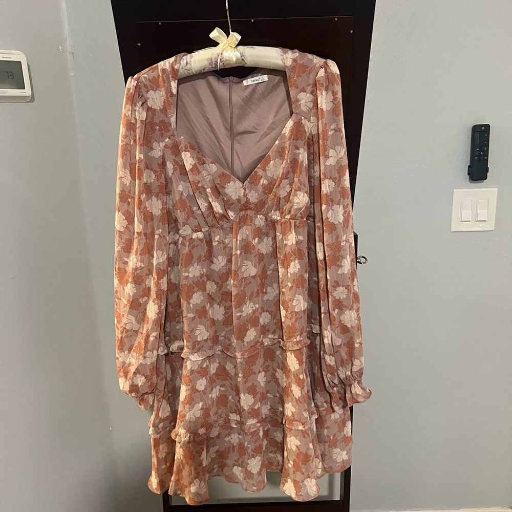 Timing Maternity Dusty Peach Floral Midi Dress with Sheer Long Sleeves